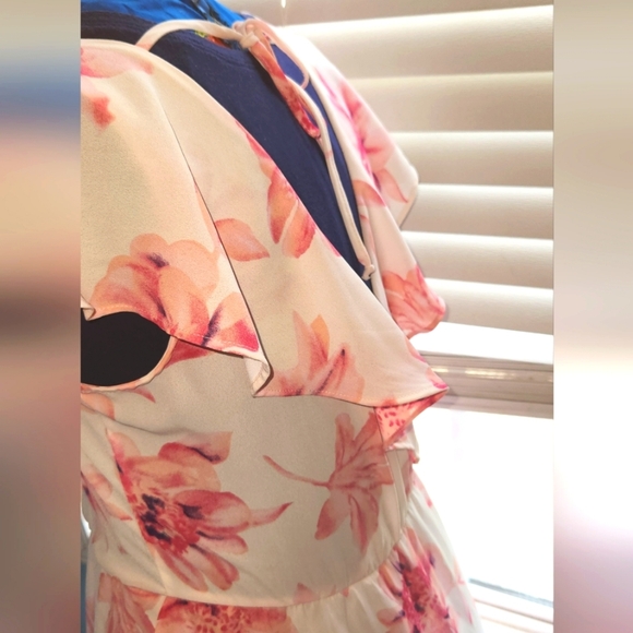 Lush Small Faux Wrap White Pink Floral Watercolor Flutter Dress - Picture 3 of 8